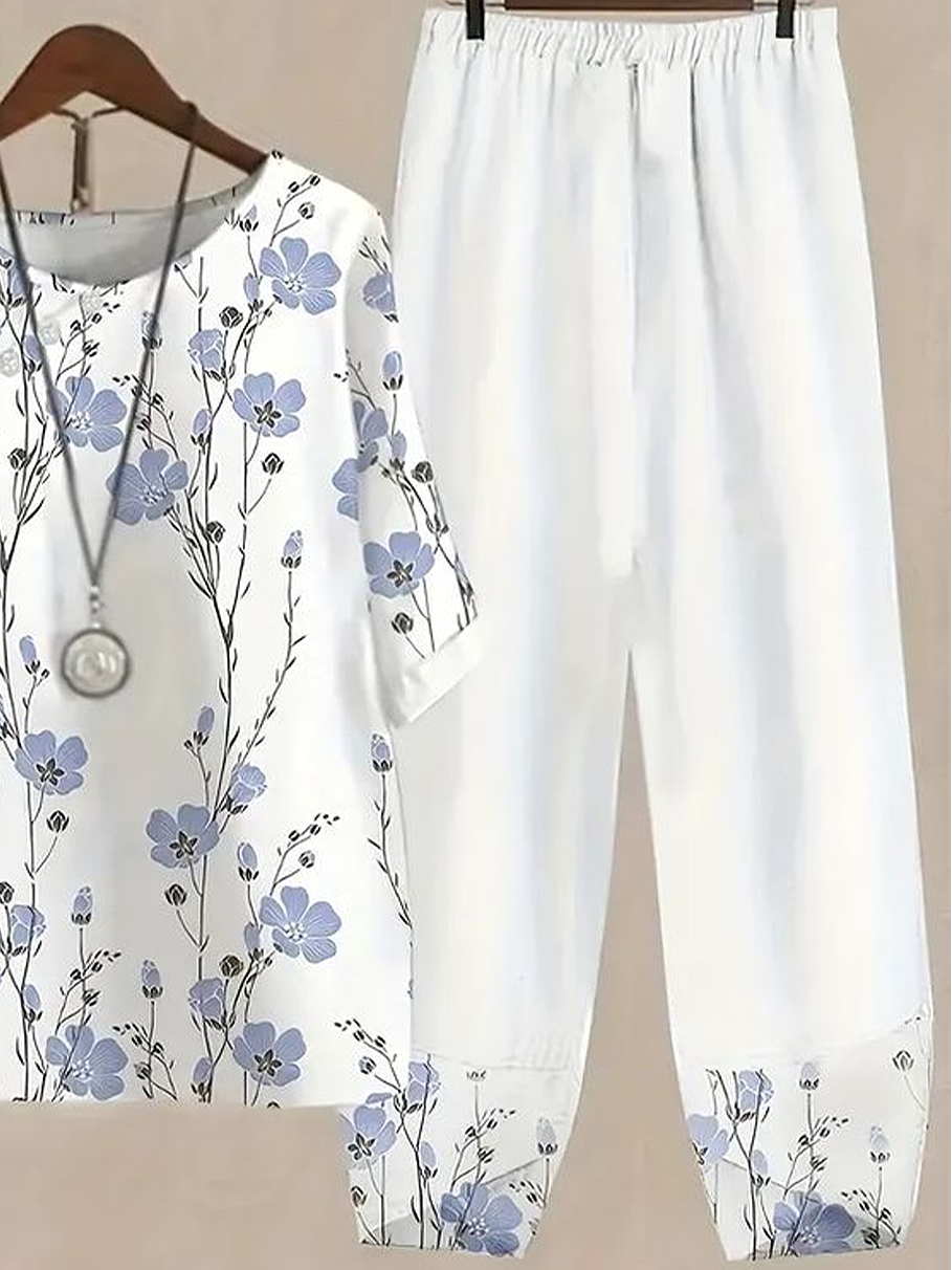 Women's Printing Floral Daily Going Out Two-Piece Set White Casual Summer Top With Pants Matching Set