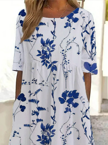 Women's Short Sleeve Summer White Floral Printing Crew Neck Daily Going Out Casual Maxi H-Line Shift Dress Dress