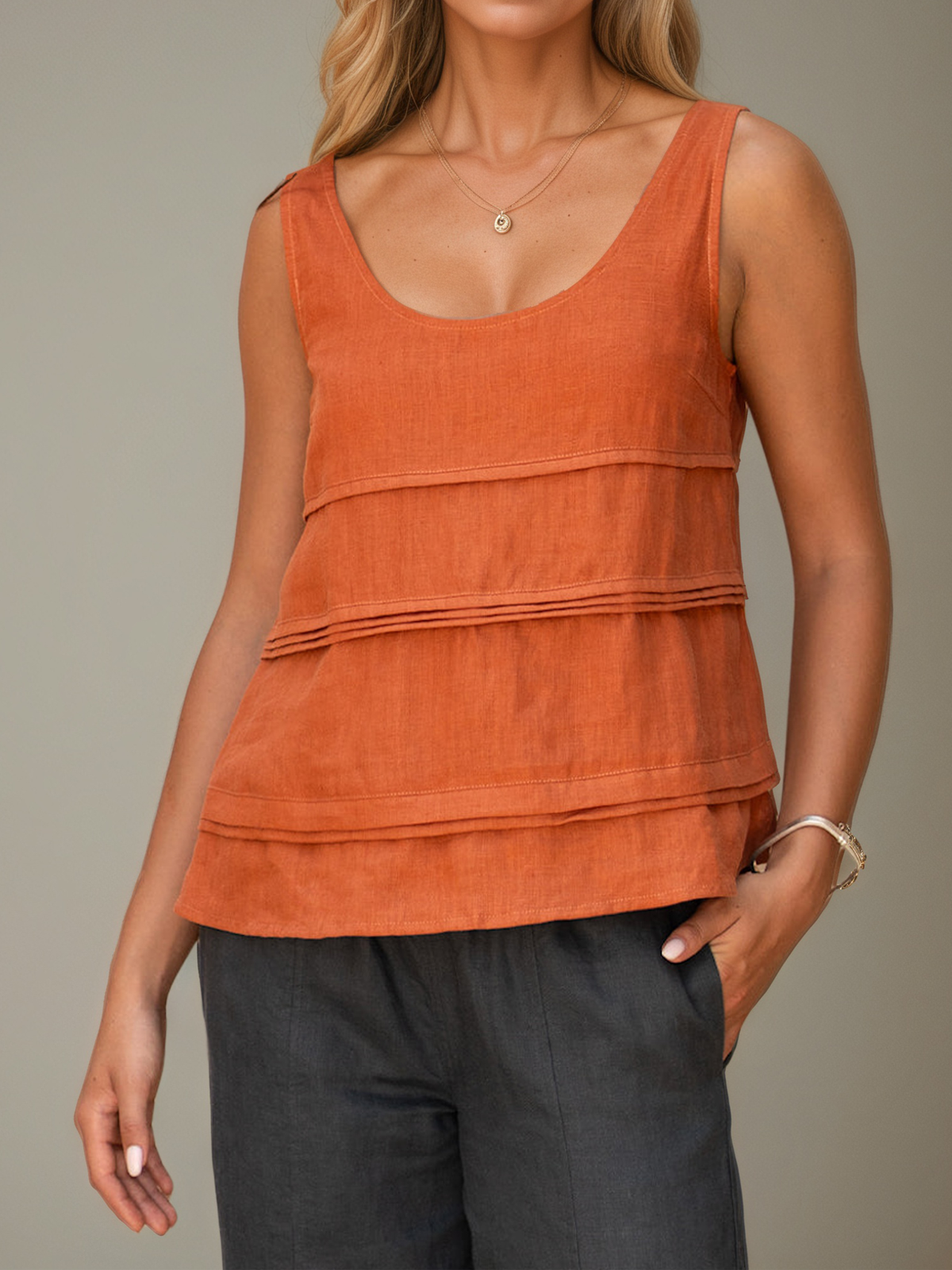 Linen Casual Plain Crew Neck linen-cotton Tank Top
