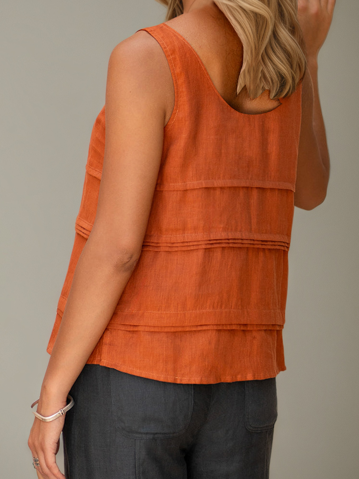 Linen Casual Plain Crew Neck linen-cotton Tank Top