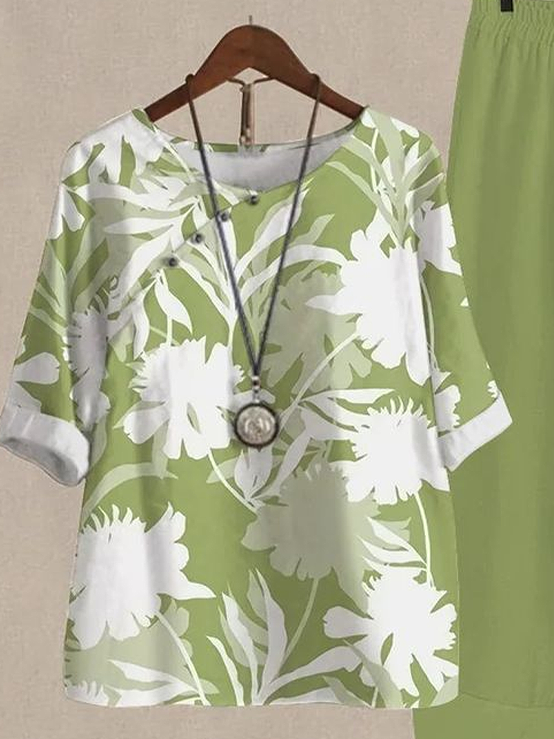 Women's Printing Floral Daily Going Out Two-Piece Set Green Casual Summer Top With Pants Matching Set