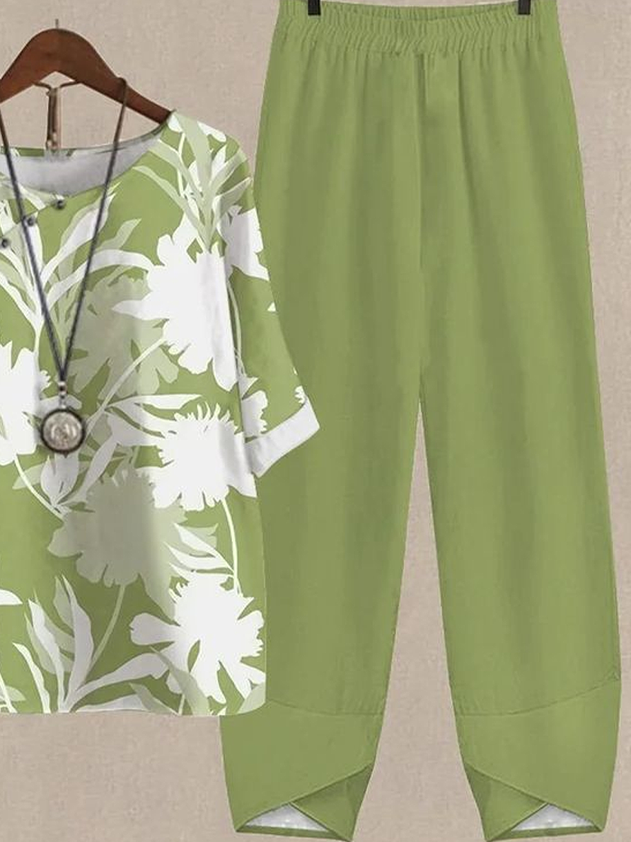 Women's Printing Floral Daily Going Out Two-Piece Set Green Casual Summer Top With Pants Matching Set