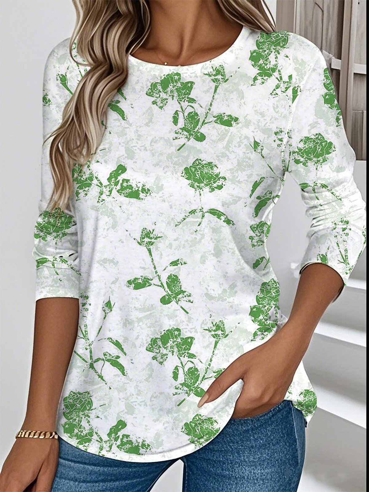 Women Floral Crew Neck Casual Long Sleeve T-shirt