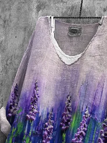 Women's Long Sleeve Blouse Spring/Fall Purple Floral Printing V Neck Daily Going Out Casual Top