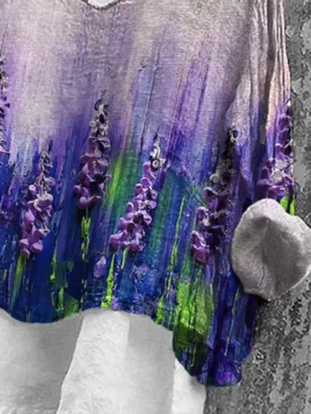 Women's Long Sleeve Blouse Spring/Fall Purple Floral Printing V Neck Daily Going Out Casual Top
