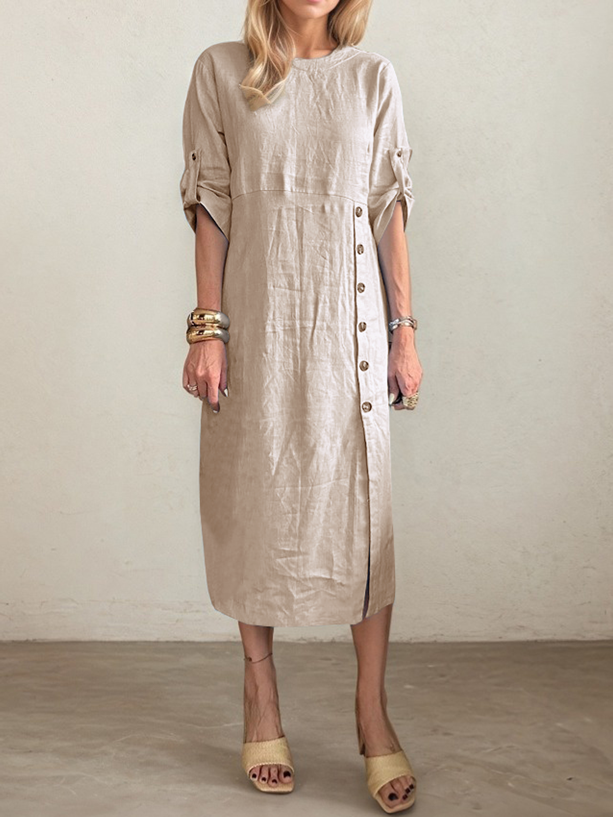 Casual Plain Asymmetric linen-cotton Midi Dress