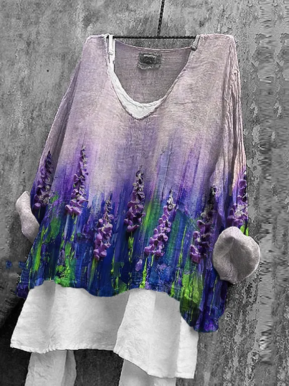 Women's Long Sleeve Blouse Spring/Fall Purple Floral Printing V Neck Daily Going Out Casual Top