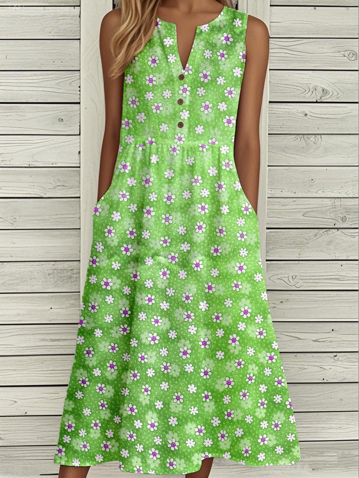 Casual Notched Floral Loose Dress With No