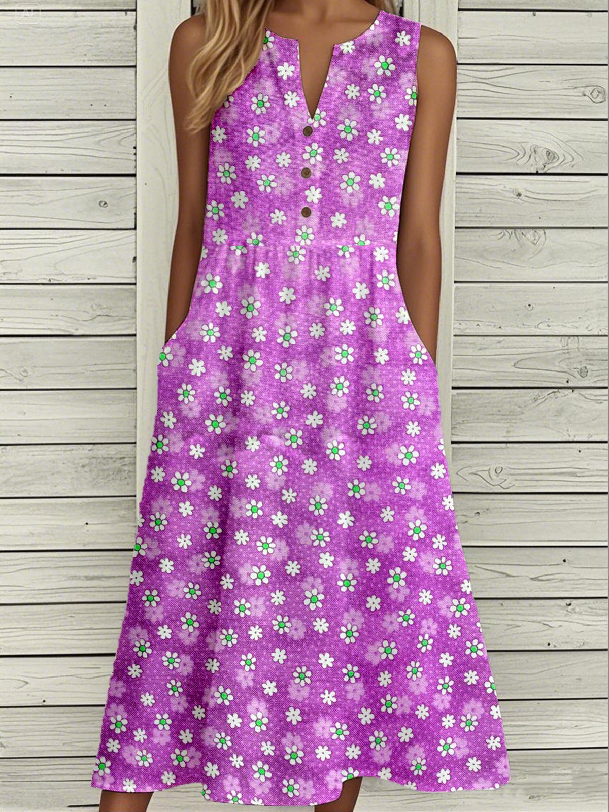 Casual Notched Floral Loose Dress With No