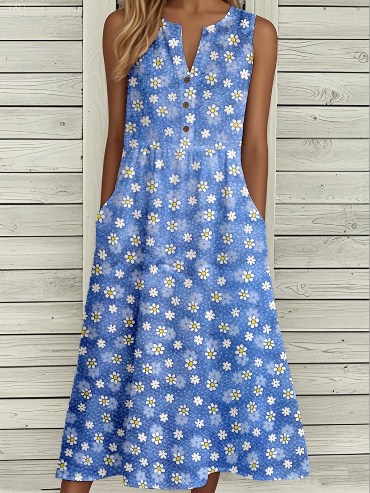 Casual Notched Floral Loose Dress With No