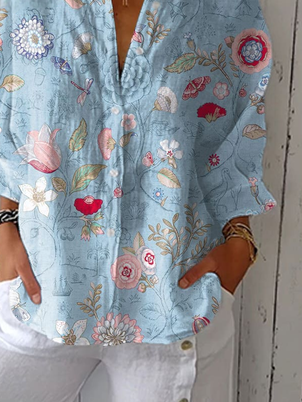 Vintage Hand Painted  Casual Linen V Neck Shirt