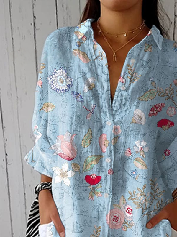 Vintage Hand Painted  Casual Linen V Neck Shirt