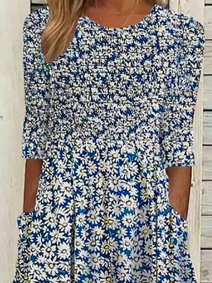 Women's Floral Print Round Neck Everyday Long Casual Shift Dress