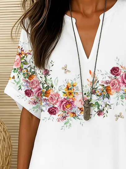 Women's Floral Print Casual V-Neck Short Sleeve Shirt