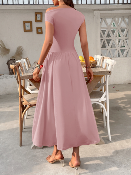 Women's Short Sleeve Summer Red Plain Asymmetrical Daily Going Out Casual Maxi A-Line Tunic Dress