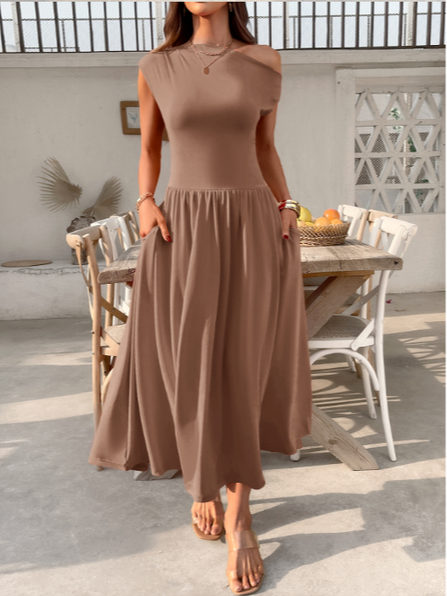 Women's Short Sleeve Summer Red Plain Asymmetrical Daily Going Out Casual Maxi A-Line Tunic Dress