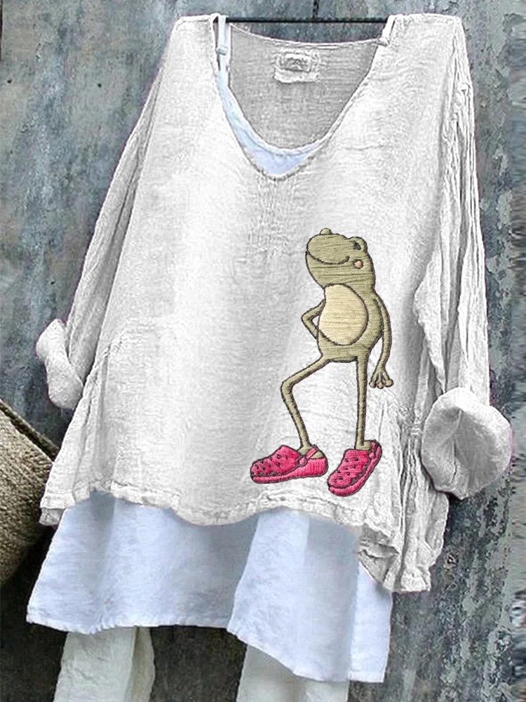 Women Animal V Neck Vintage Long Sleeve T-shirt