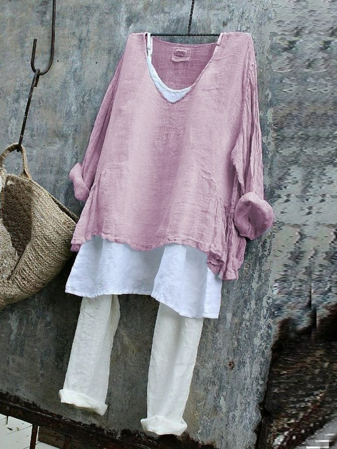 Women Plain V Neck Vintage Long Sleeve T-shirt