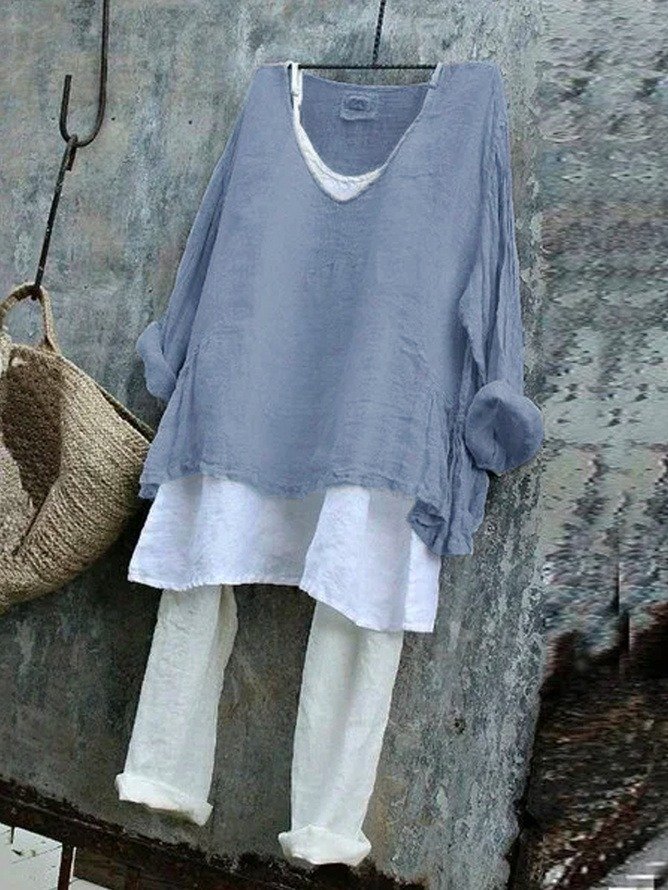 Women Plain V Neck Vintage Long Sleeve T-shirt