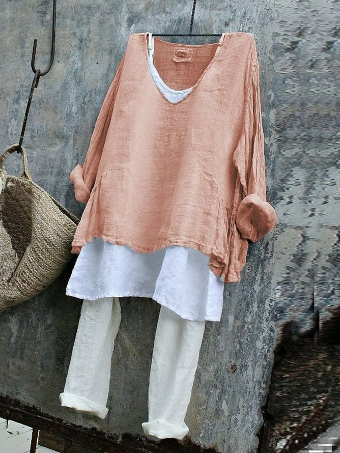 Women Plain V Neck Vintage Long Sleeve T-shirt