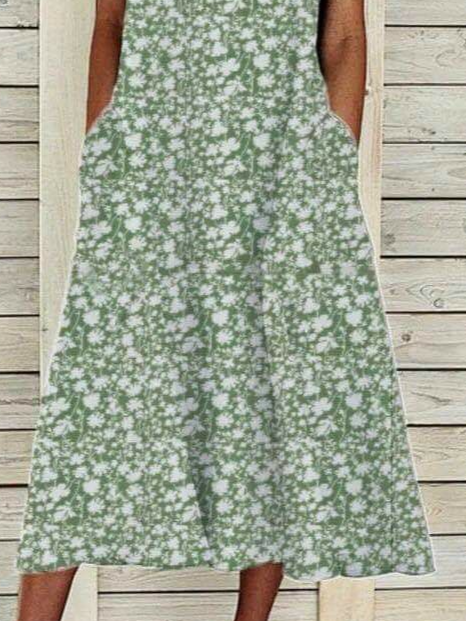 Women's Sleeveless Summer Green Floral Printing Crew Neck Daily Going Out Casual Maxi H-Line Fit & Flare Dress Dress