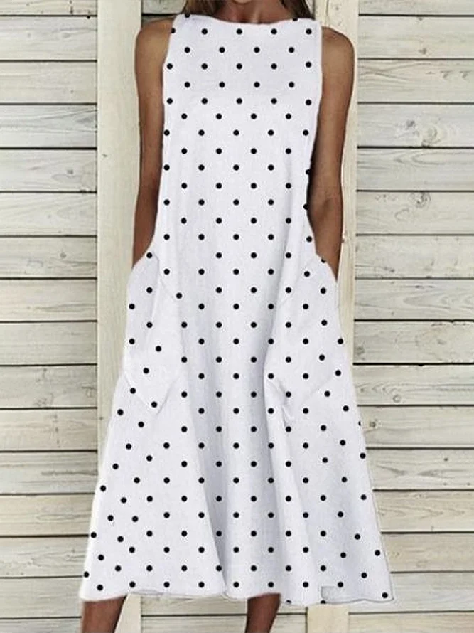 Women's Sleeveless Summer White Polka Dots Printing Crew Neck Daily Going Out Casual Maxi H-Line Fit & Flare Dress Dress