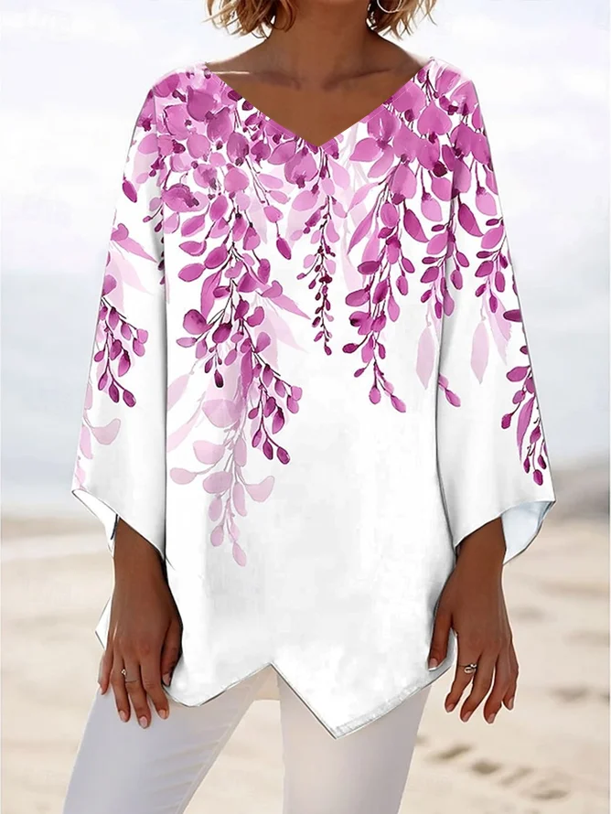 Plants Loose Simple V Neck Blouse