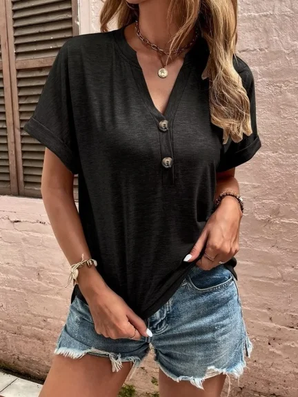 Women Plain V Neck Casual Short Sleeve T-shirt