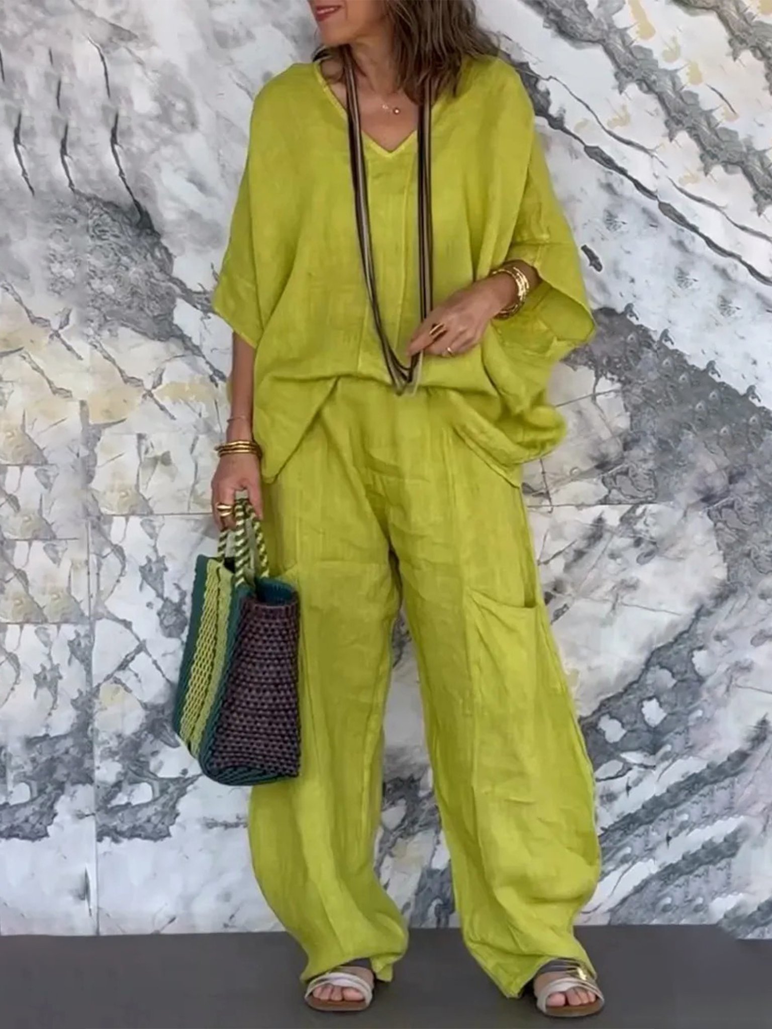 Casual Plain V Neck Two-Piece Set