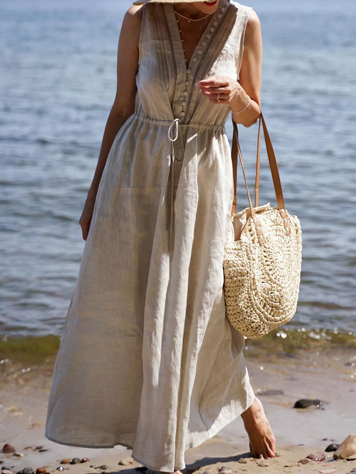 Vacation Plain  V Neck linen-cotton Midi Dress