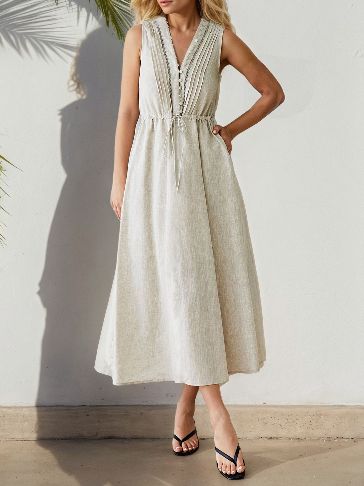 Vacation Plain  V Neck linen-cotton Midi Dress
