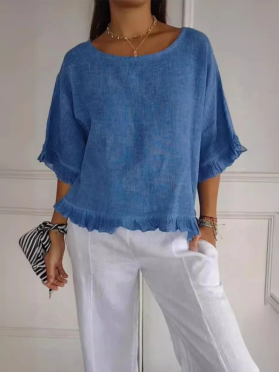 Women Plain Crew Neck Casual Three Quarter Sleeve T-shirt