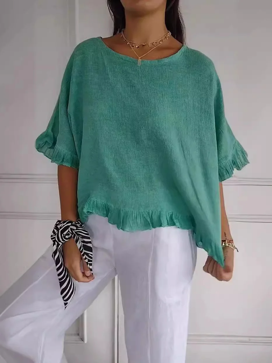 Women Plain Crew Neck Casual Three Quarter Sleeve T-shirt