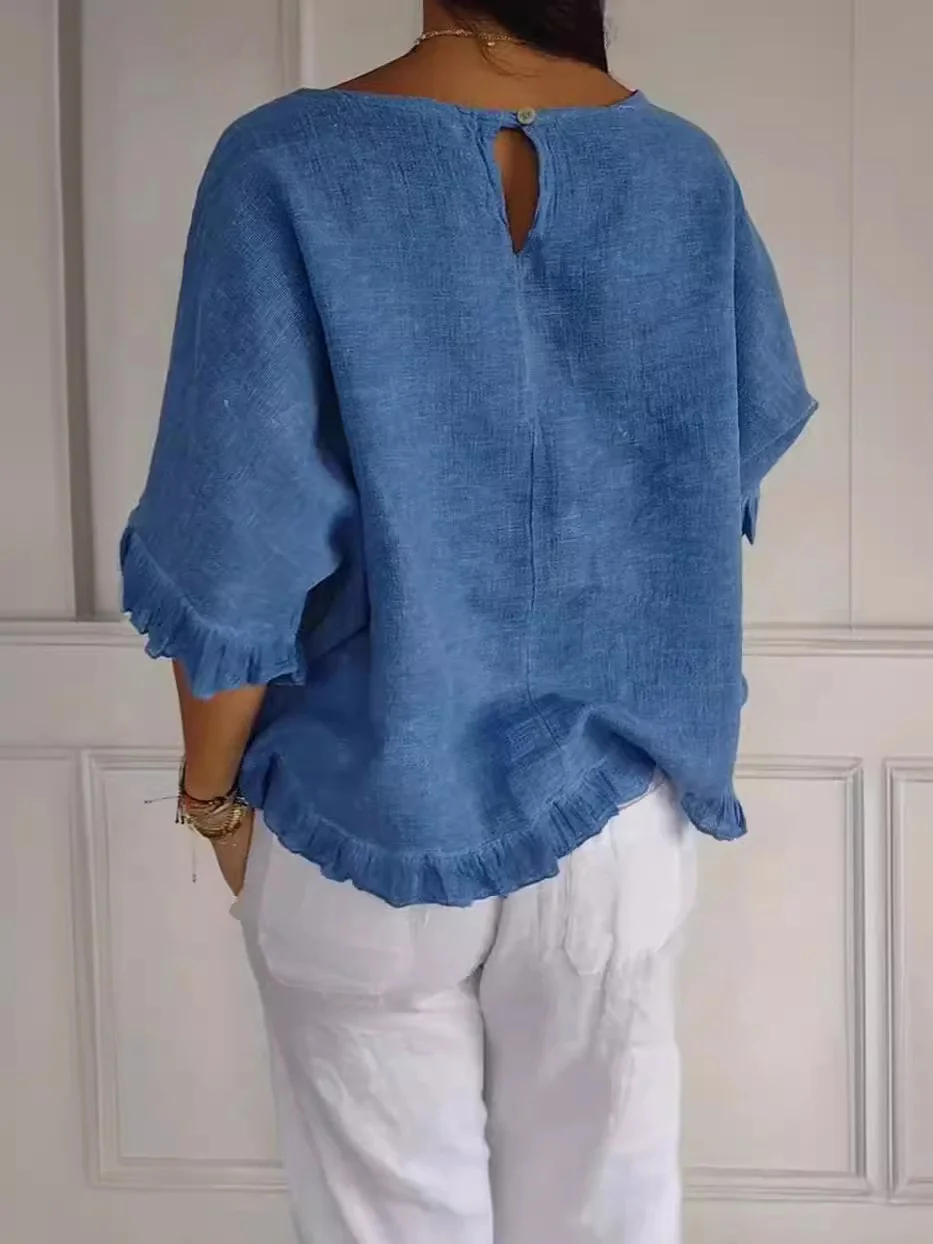 Women Plain Crew Neck Casual Three Quarter Sleeve T-shirt
