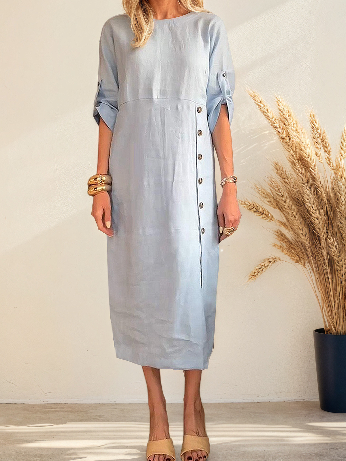 Casual Plain Asymmetric linen-cotton Midi Dress