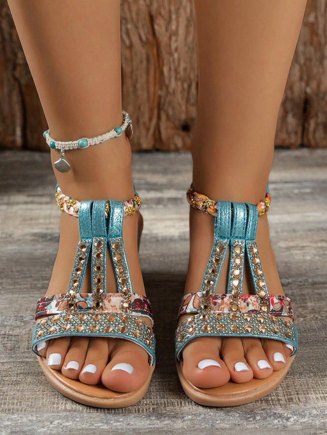 Women Rhinestone Floral Print Braided Ankle Strap Wedge Sandals