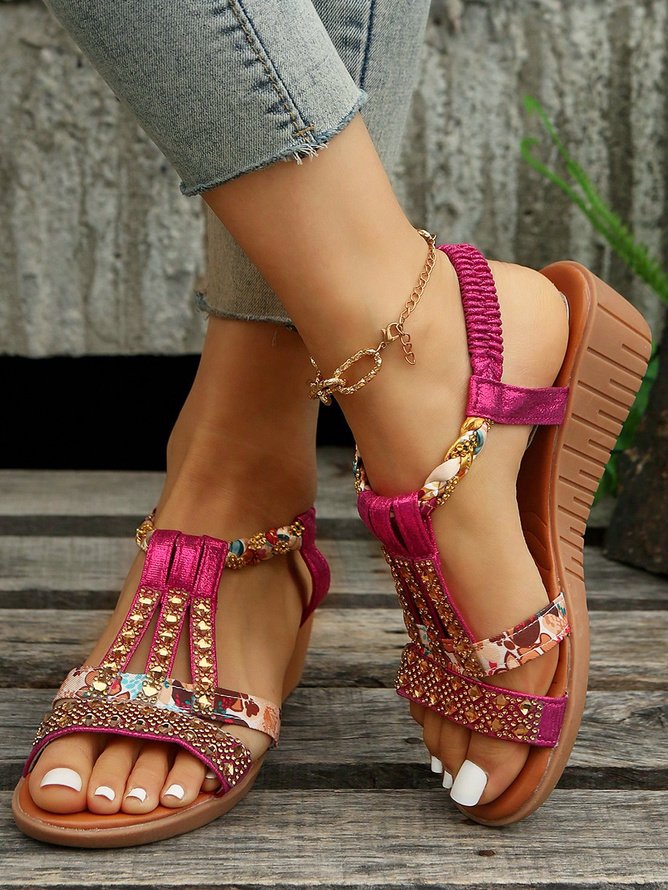 Women Rhinestone Floral Print Braided Ankle Strap Wedge Sandals