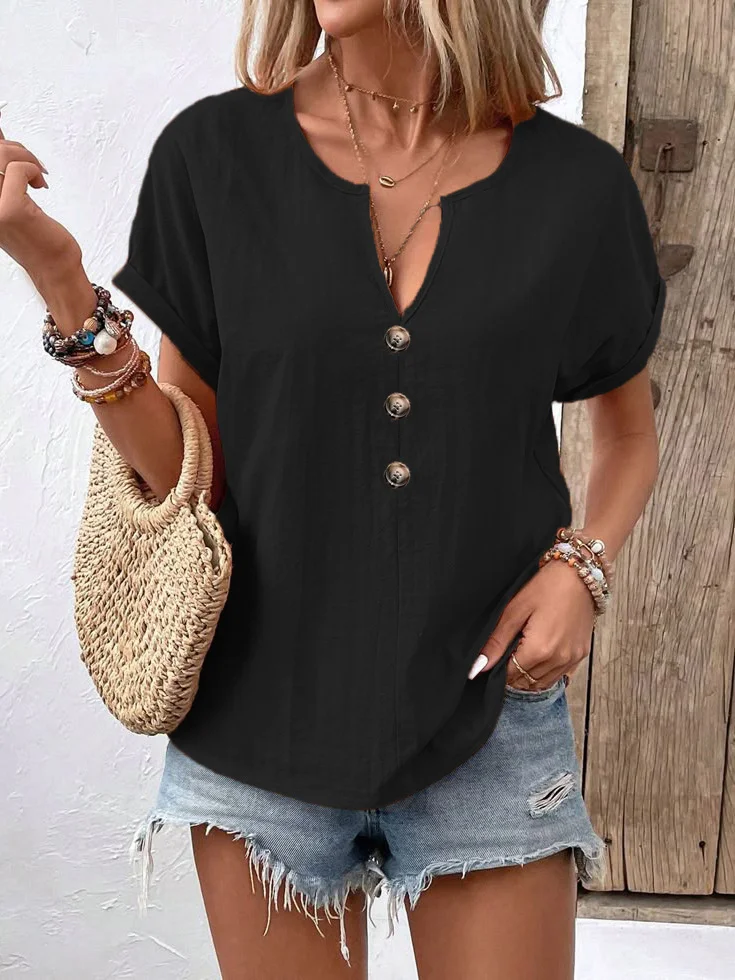 Women Plain V Neck Casual Short Sleeve T-shirt