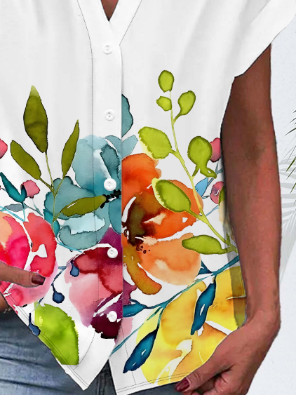 Women's Short Sleeve Shirt Summer White Floral Buckle V Neck Daily Going Out Casual Top