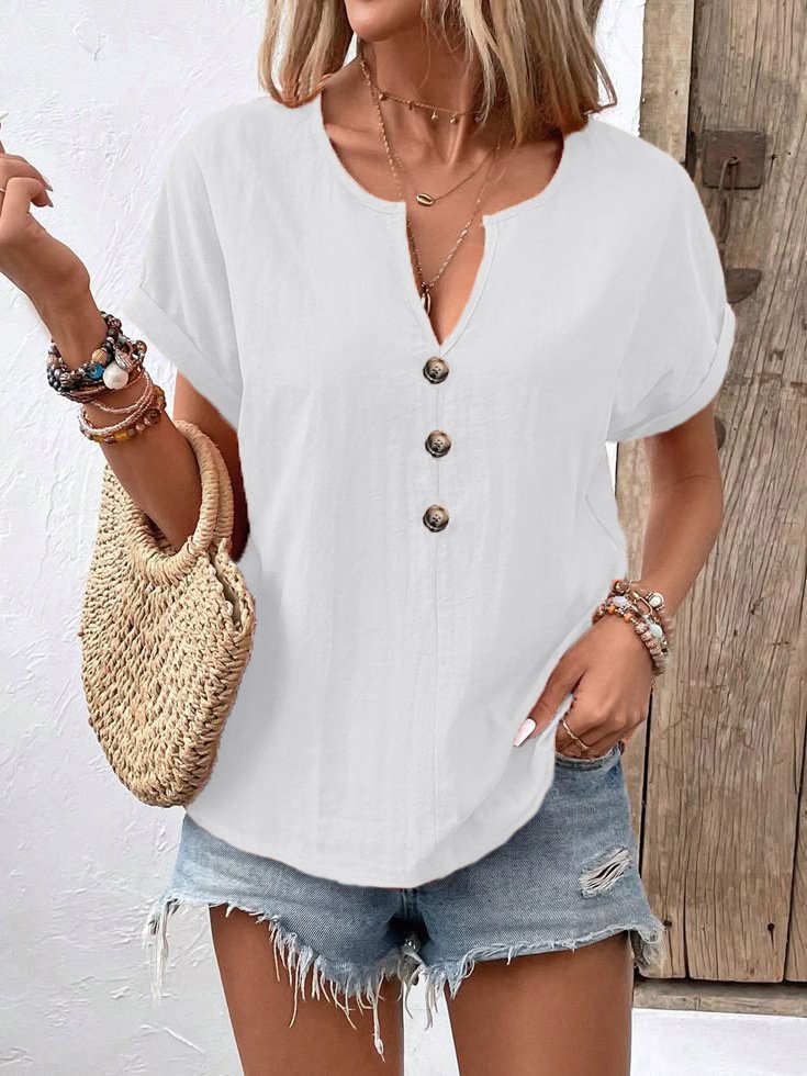 Women Plain V Neck Casual Short Sleeve T-shirt