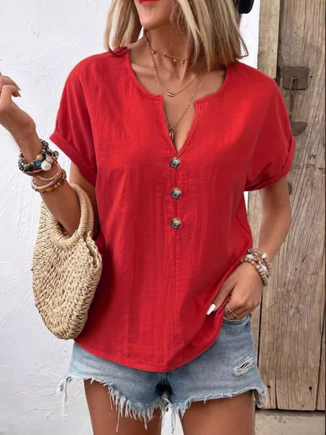 Women Plain V Neck Casual Short Sleeve T-shirt