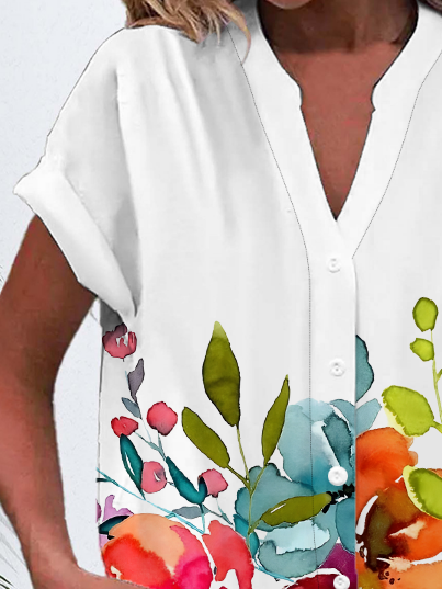 Women's Short Sleeve Shirt Summer White Floral Buckle V Neck Daily Going Out Casual Top