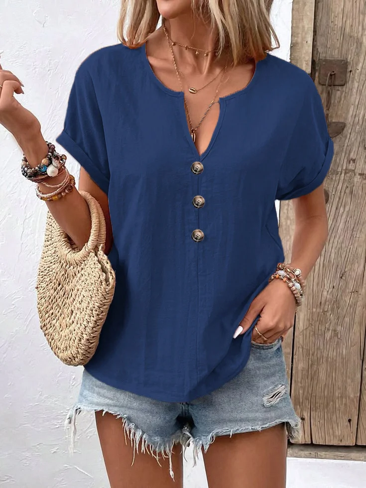 Women Plain V Neck Casual Short Sleeve T-shirt