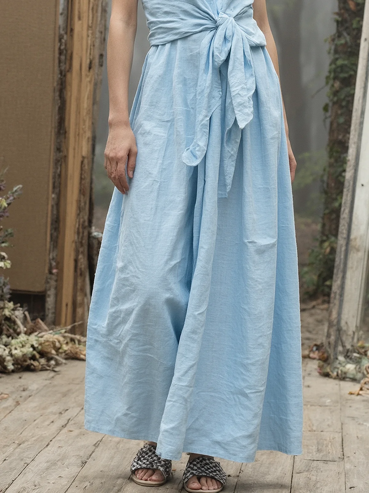 Vacation Plain linen-cotton V Neck Maxi Dress Belt