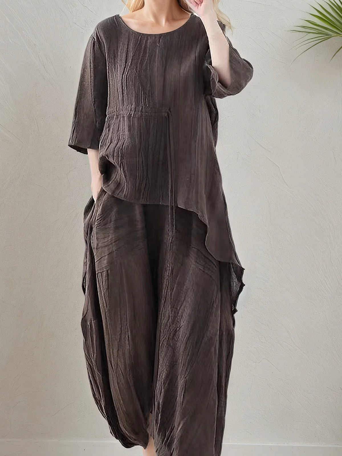 Linen Casual Plain Crew Neck linen-cotton Blouse
