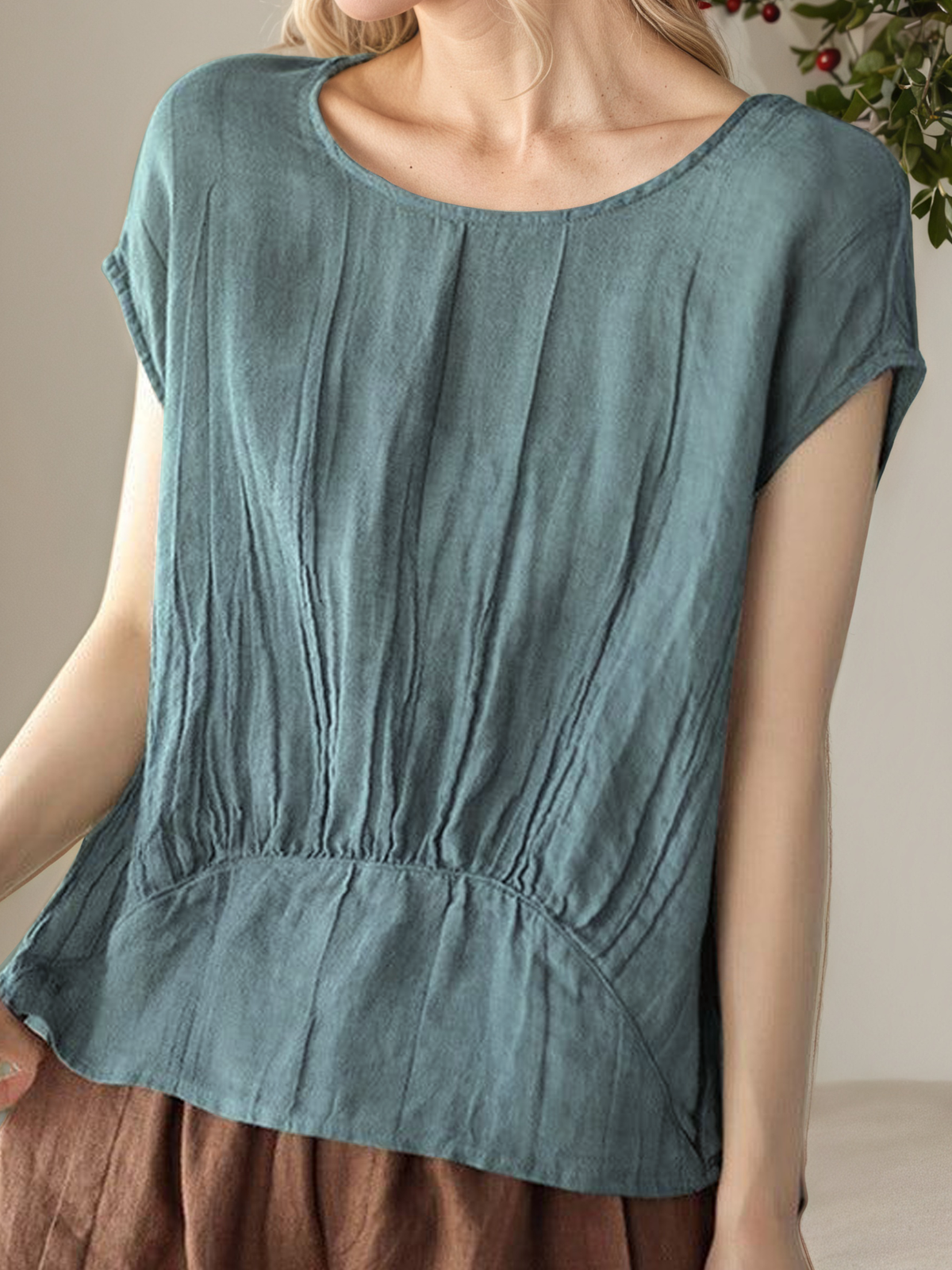 Linen Casual Plain Crew Neck linen-cotton Blouse