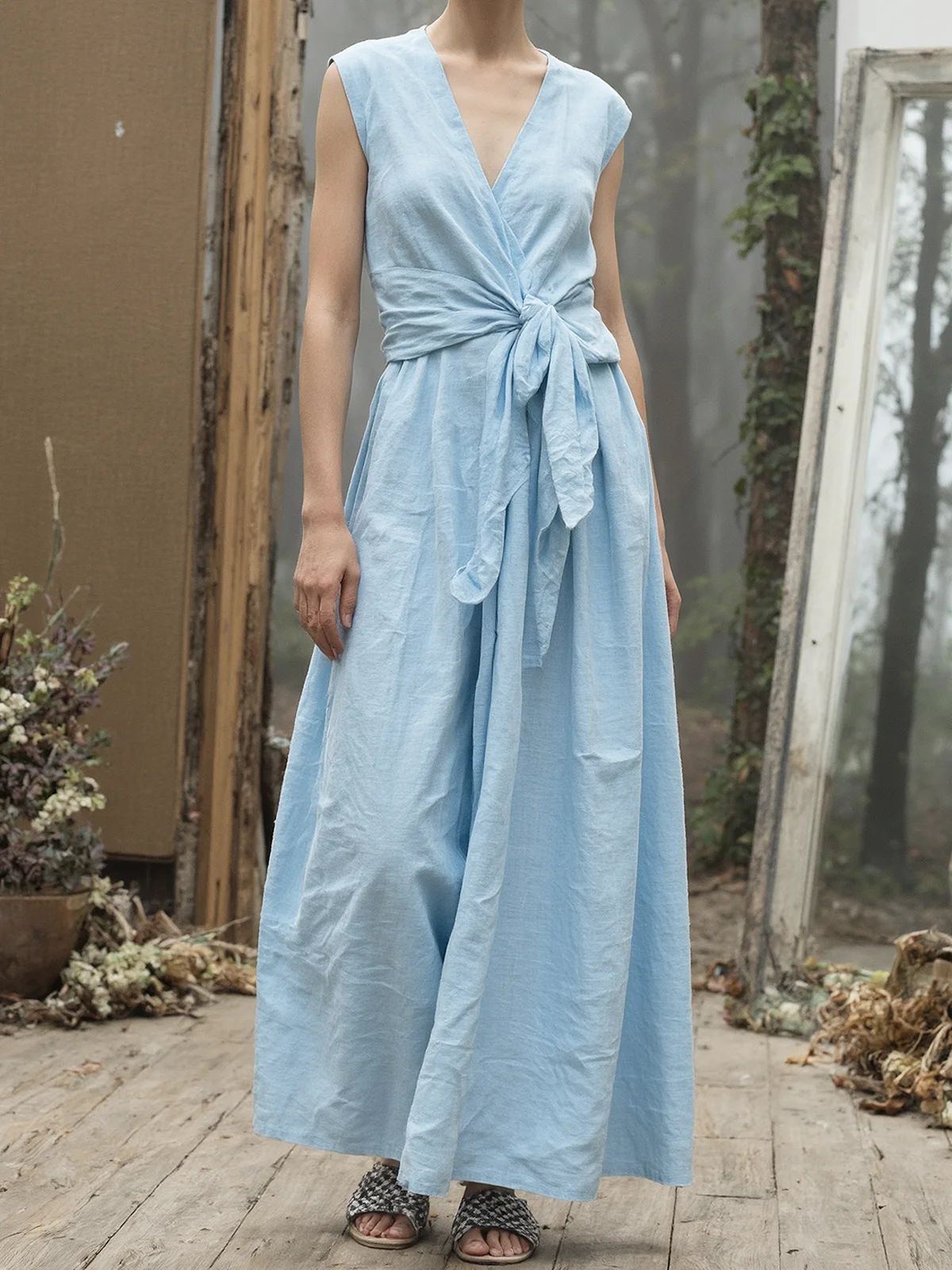 Vacation Plain linen-cotton V Neck Maxi Dress Belt