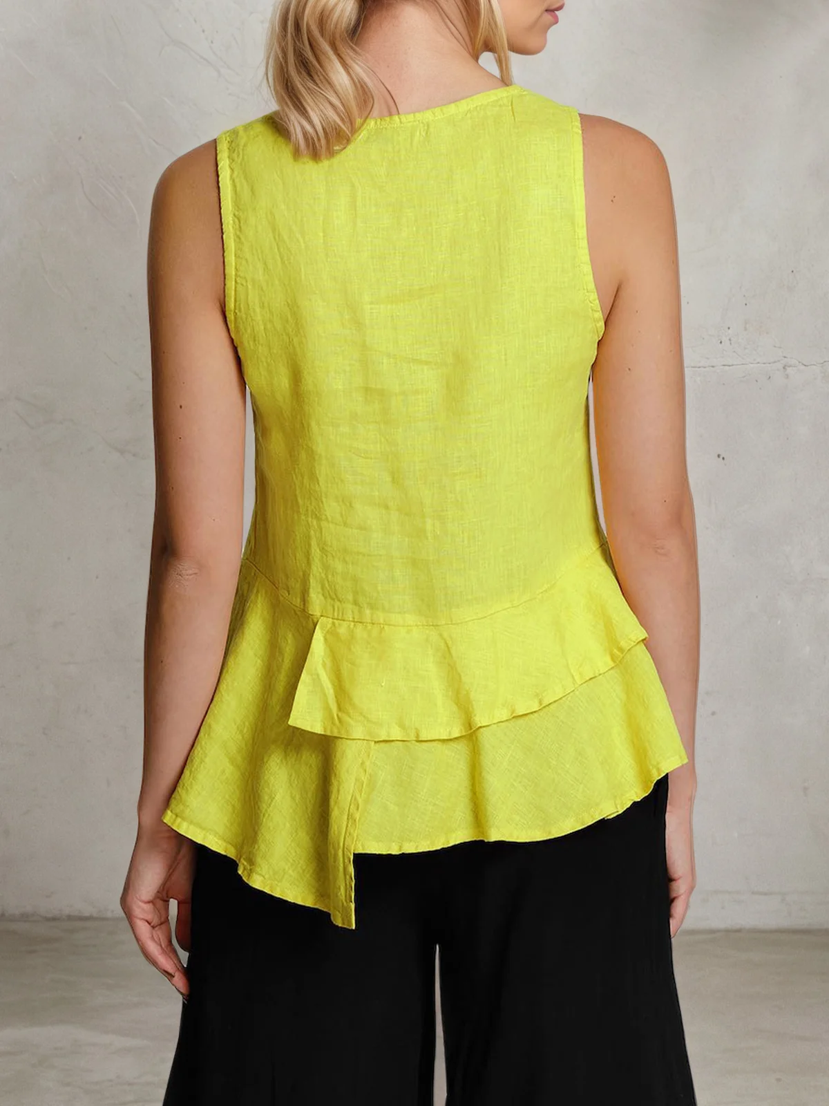 Linen Casual Plain Asymmetric linen-cotton Crew Neck Blouse
