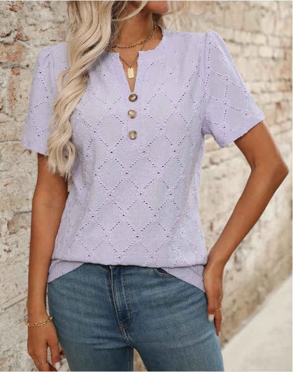 Women Plain V Neck Casual Short Sleeve T-shirt