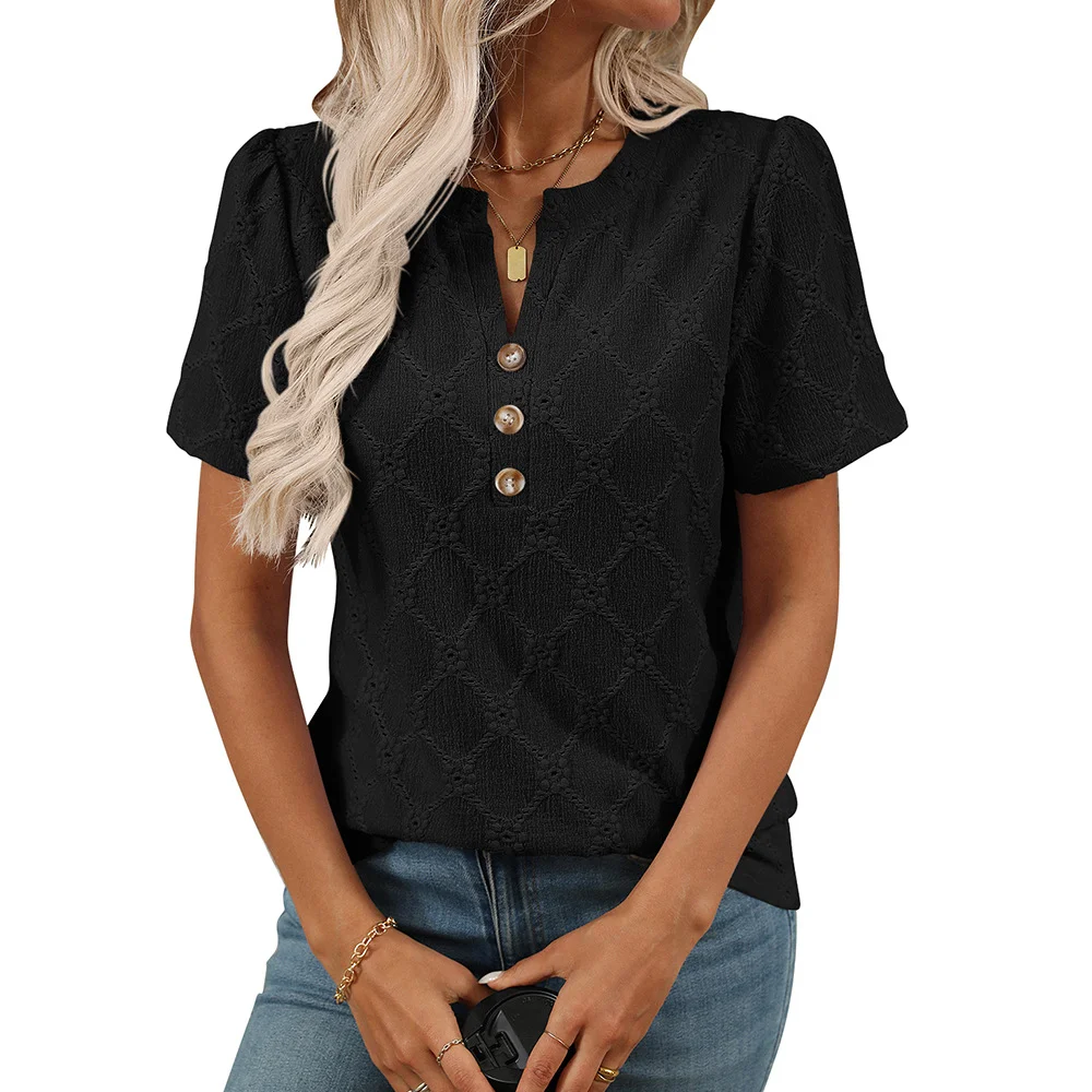 Women Plain V Neck Casual Short Sleeve T-shirt